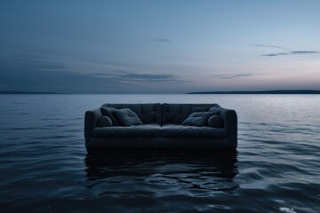 Poster - A picture of a couch sitting in the middle of a body of water. Can be used to depict surreal or unexpected situations