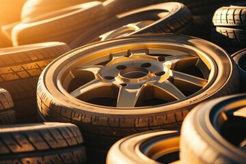 Poster - A pile of tires sitting next to each other. Suitable for automotive and recycling concepts