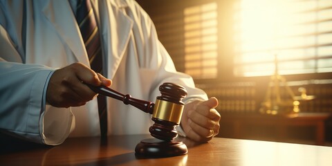 Poster - A man in a white coat holding a wooden gavel. Perfect for legal and court-related concepts