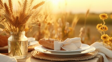 Poster - A simple yet elegant table setting featuring a loaf of bread and a beautiful vase filled with flowers. Perfect for showcasing a cozy and inviting atmosphere.