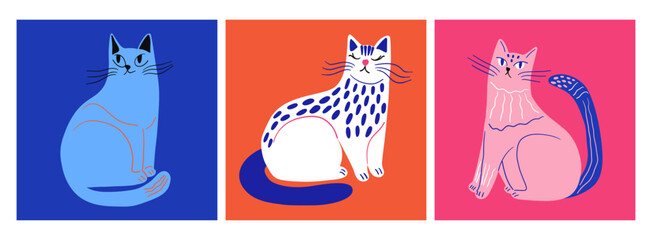 abstract cats set. cartoon hand drawn cat collection naive art style for print, card, posters templa