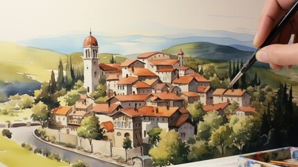 Poster - A person is painting a picture of a village. This image can be used for artistic and creative projects