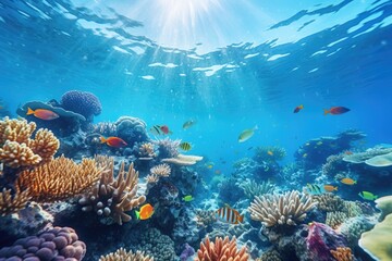 Aufkleber - A vibrant coral reef teeming with a variety of fish. Perfect for showcasing the beauty and diversity of marine life.