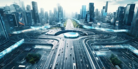 Poster - An aerial view of a city with heavy traffic. This image captures the hustle and bustle of urban life. Perfect for illustrating urban congestion or showcasing city infrastructure