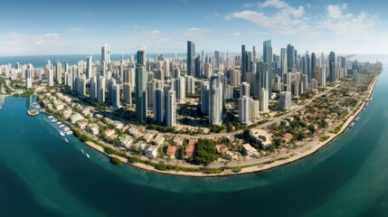 Poster - City skyline seen from above with a body of water in the foreground. Perfect for urban landscapes and travel destinations