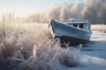 Wall Mural - A boat sitting on top of a snow covered field. Perfect for winter and outdoor adventure themes