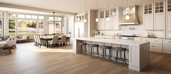 Poster - beautiful kitchen and living room in new luxury home features large island with farmhouse sink stain