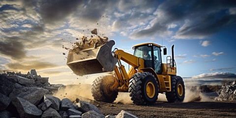 Poster - A bulldozer is seen dumping rocks on a construction site. This image can be used to depict construction, heavy machinery, or infrastructure development