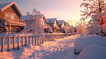 Wall Mural - Snow-covered houses lined up next to a fence. Suitable for winter-themed designs and real estate concepts