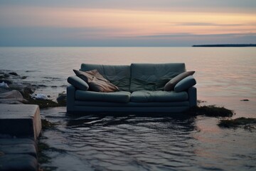 Poster - A picture of a couch sitting in the middle of a body of water. Perfect for illustrating surreal or unexpected situations.