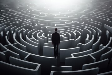 Poster - A man standing in front of a circular maze. Perfect for illustrating problem-solving, challenges, and finding the right path