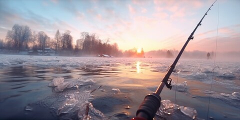 Poster - A fishing rod sitting on a frozen lake, illuminated by the warm colors of the sunset. Perfect for outdoor enthusiasts and nature lovers