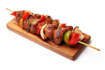 Poster - A detailed view of a skewer featuring a combination of meat and vegetables. Perfect for grilling enthusiasts or food-related projects