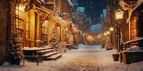 Poster - A picturesque snowy street lined with benches and adorned with beautiful Christmas lights. Perfect for holiday-themed designs and winter scenes