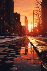 Aufkleber - A picturesque city street at sunset with reflective puddles of water. Perfect for urban and travel themes