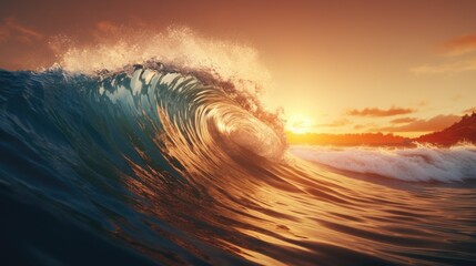 Poster - A stunning image capturing a large wave in the ocean at sunset. Perfect for beach and nature-related projects