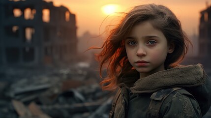 Poster - A young girl stands in front of a destroyed building. This image can be used to depict themes of resilience, survival, or the aftermath of a disaster