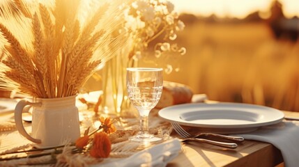 Poster - A table featuring a vase of flowers and a plate of delicious food. Perfect for showcasing a beautiful dining experience or adding a touch of elegance to any setting