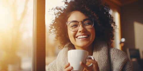 Poster - A woman with glasses holding a cup of coffee. Suitable for various marketing and lifestyle concepts