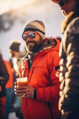 Poster - A man wearing a red jacket holding a drink in his hand. Suitable for various contexts