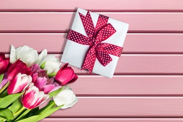 Wall Mural - Mother's Day, gift boxes with bows and bouquet of  tulips