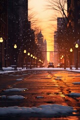 Sticker - A picturesque city street covered in snow, illuminated by the warm hues of a sunset. Perfect for winter-themed projects and holiday designs