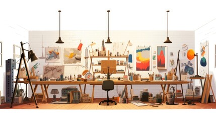 Poster - A well-stocked artist's studio filled with various art supplies. Perfect for showcasing creativity and artistic process. Can be used to represent art classes, creativity, or artistic hobbies