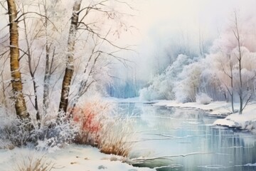 Poster - A painting of a river in a snowy forest. Perfect for winter-themed designs and nature-inspired projects
