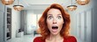 beautiful woman is surprised happy to move in new apartment redhead woman in casual wear go inside of room and she is shocked by the beautiful interior of the room. Copy space image