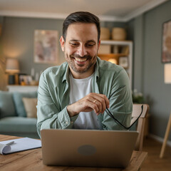 Wall Mural - one man adult caucasian work on laptop at home happy smile