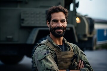 Wall Mural - Portrait of a handsome soldier standing with arms crossed in front of a military vehicle