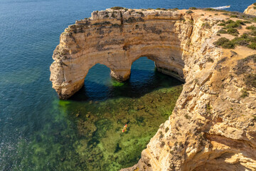 Wall Mural - Aerial view of the Natural arch at Marinha beach, Portugal.