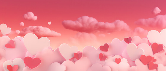 Wall Mural - Pink colored sky background with hanging hearts, in the style of Valentines day wallpaper.