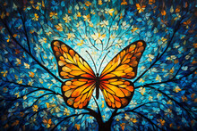 A Detailed Capture Of The 3D Kaleidoscope Of Colors On A Butterfly Wing, Creating A Mosaic-like Effect Against A Celestial Blue Background With A Dazzling Golden Tree.