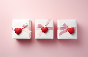 Canvas Print - Valentine's day gift wrapped present in red with red hearts on pink background. Pink bow and love hearts