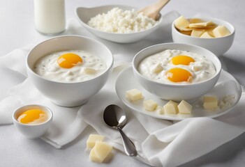 Wall Mural - Fresh dairy products milk cottage cheese eggs yogurt sour cream and butter on white background top