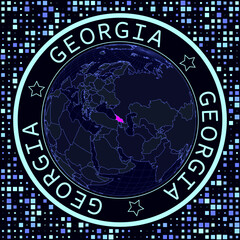 Fototapete - Georgia on globe vector. Futuristic satelite view of the world centered to Georgia. Geographical illustration with shape of country and squares background. Bright neon colors on dark background.