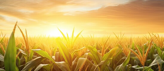 Canvas Print - Beautiful morning sunrise over the corn field. Copy space image. Place for adding text or design