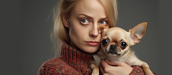 Wall Mural - Beautiful young blonde woman hugging cute chihuahua dog skeptic and nervous frowning upset because of problem negative person. Copy space image. Place for adding text or design
