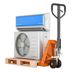 Poster - Hydraulic pallet jack with air conditioner, delivery concept. 3D rendering isolated on transparent background