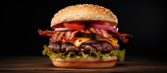 Wall Mural - bacon cheese burger with beef patty tomato onion. Copy space image. Place for adding text or design