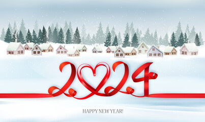Aufkleber - Holiday Christmas and Happy New Year panorama with a winter village and red ribbon with 2024 numbres. Vector.