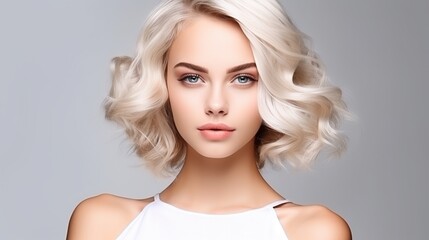 Wall Mural - Fashion Stylish Beauty Portrait. Beautiful Girl's Face Close-up, Cute young woman blonde hair with bob haircut isolated on flat gray background with copy space.