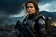 © Nerea - female soldier with assault rifle on the background of the mountains. 3d rendering