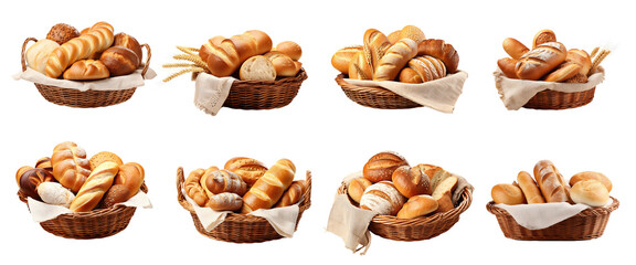 Set of Delicious pastries and breads placed in vase basket isolated on transparent png background, various of breads for selling in shop concept.