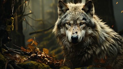 Wall Mural - Grey wolf in the forest during the spring. Generative Ai