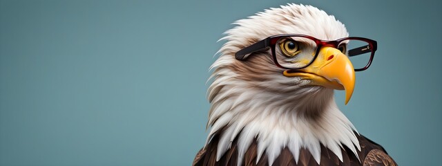 Wall Mural - Studio portrait of a eagle wearing glasses on a simple and colorful background. Creative animal concept, eagle on a uniform background for design and advertising.