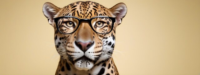 Wall Mural - Studio portrait of a jaguar wearing glasses on a simple and colorful background. Creative animal concept, jaguar on a uniform background for design and advertising.