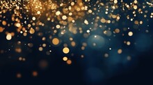 Golden Light Shines Particles Blurred On A Dark Blue Navy Background. Holiday Christmas Backdrop Concept. Abstract Bokeh Background With Dark Blue And Gold Particle