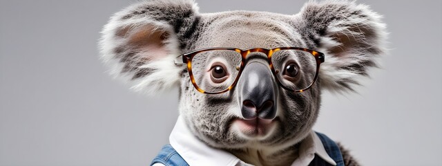 Wall Mural - Studio portrait of a koala wearing glasses on a simple and colorful background. Creative animal concept, koala on a uniform background for design and advertising.